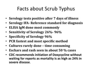 Facts about Scrub Typhus
• Serology tests positive after 7 days of illness
• Serology IFA- Reference standard for diagnosis
• ELISA IgM done most commonly
• Sensitivity of Serology 26%- 96%
• Specificity of Serology 96%
• PCR fastest and most specific method
• Cultures rarely done – time consuming
• Eschars and rash seen in about 50 % cases
• CDC recommends initiation of Doxycycline without
waiting for reports as mortality is as high as 24% in
severe disease.
 
