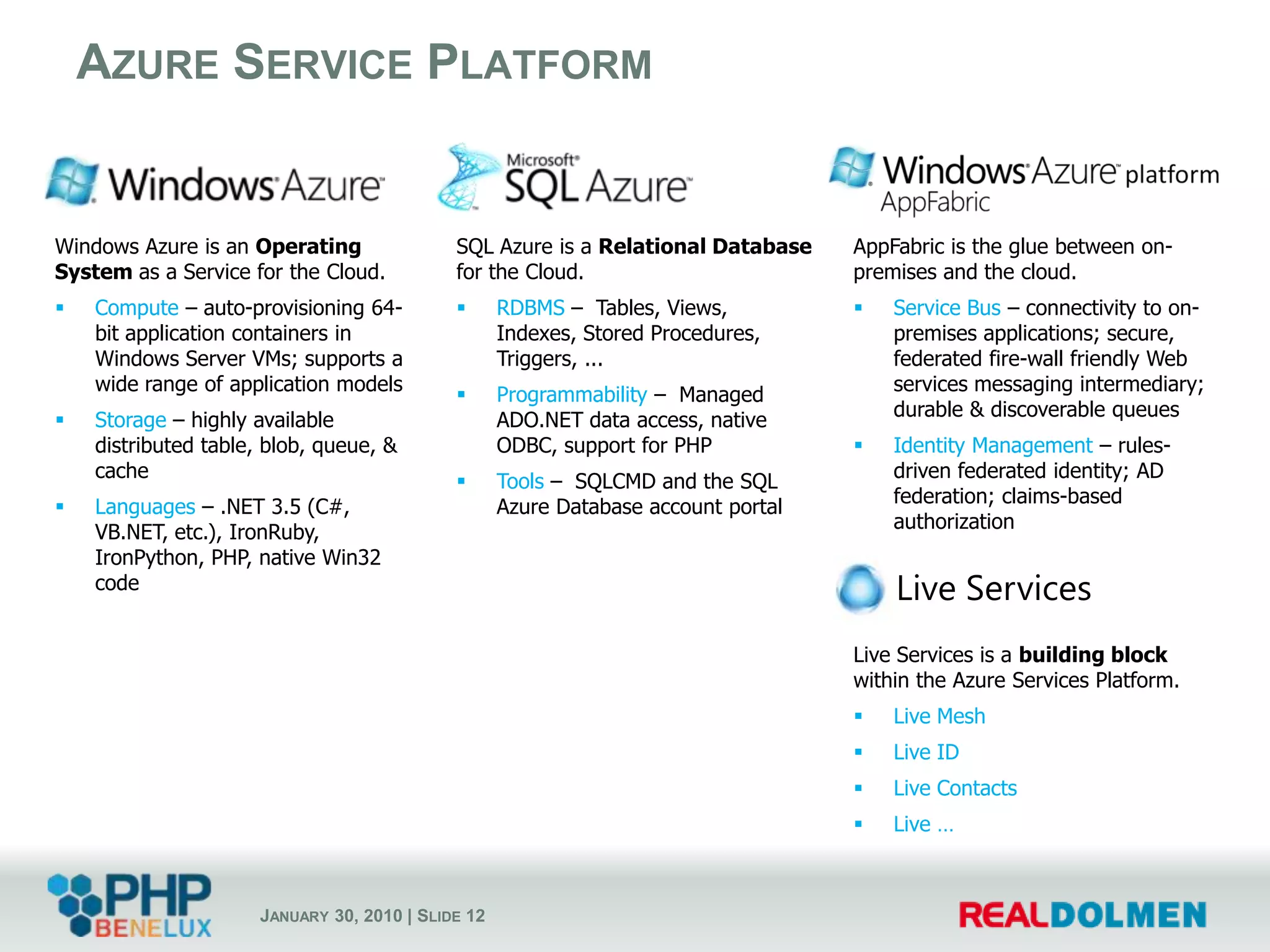 Azure Service PlatformWindows Azure is an Operating System as a Service for the Cloud.Compute– auto-provisioning 64-bit application containers in Windows Server VMs; supports a wide range of application models