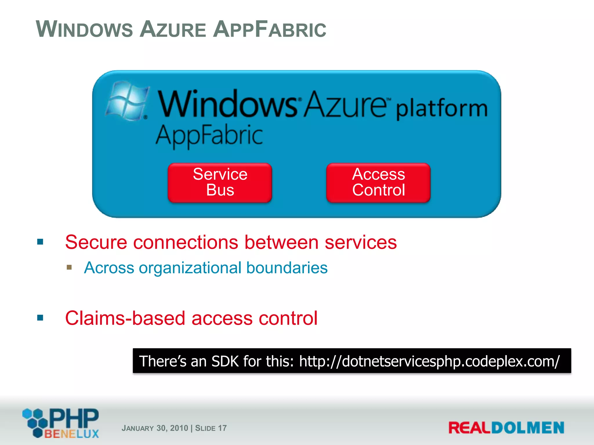Identity Management – rules-driven federated identity; AD federation; claims-based authorizationLive Services is a building block within the Azure Services Platform.Live Mesh