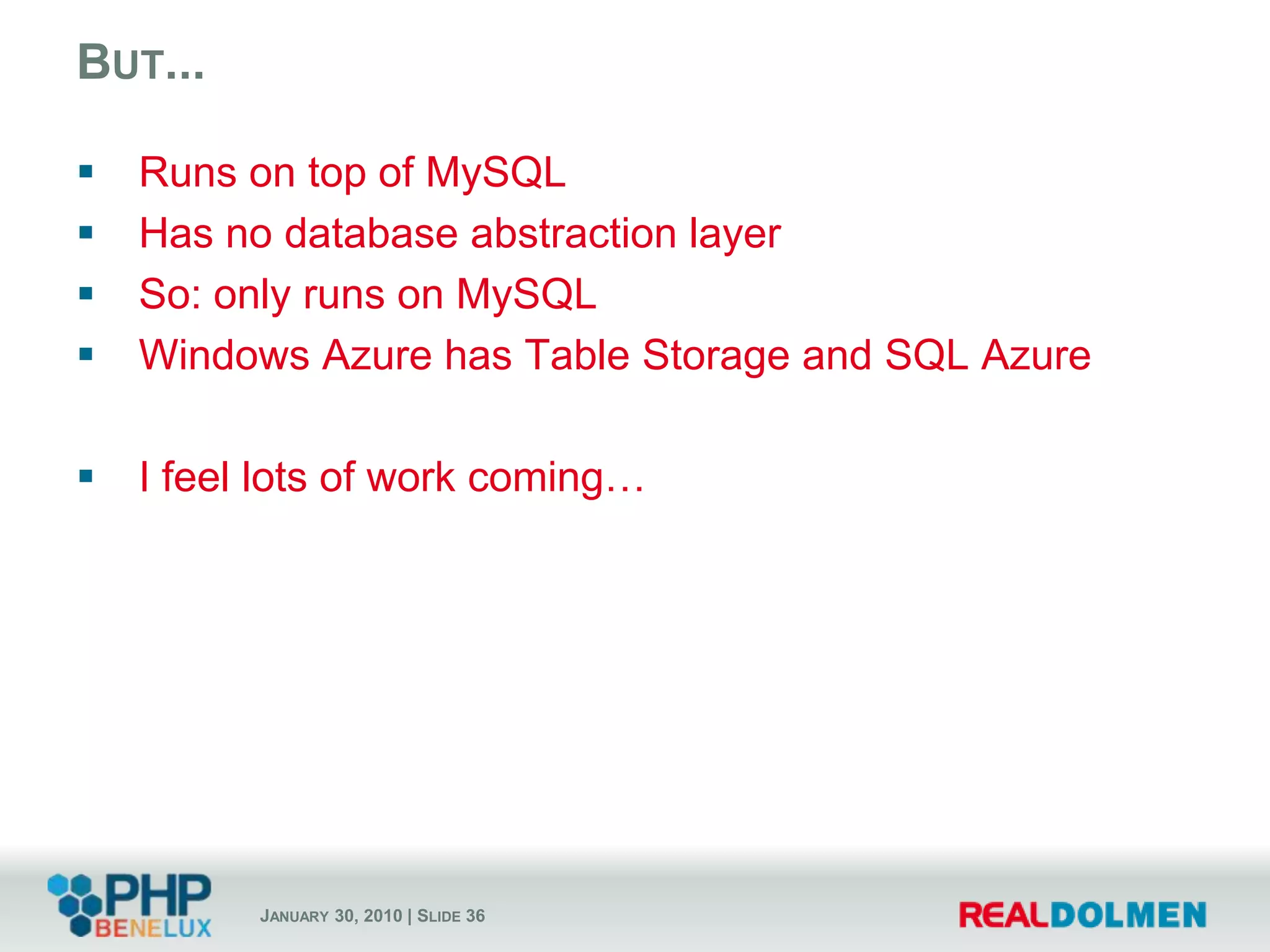 Using PHP with Windows AzureIt’s all about…Running PHP Code in Windows AzureEclipse ToolingBuild, Test, Deploy PHP ProjectsCreate New or Use Existing PHP ProjectsScaling PHP AppsUsing Cloud Storage from PHPUsing Windows Azure StorageUsing SQL Azure