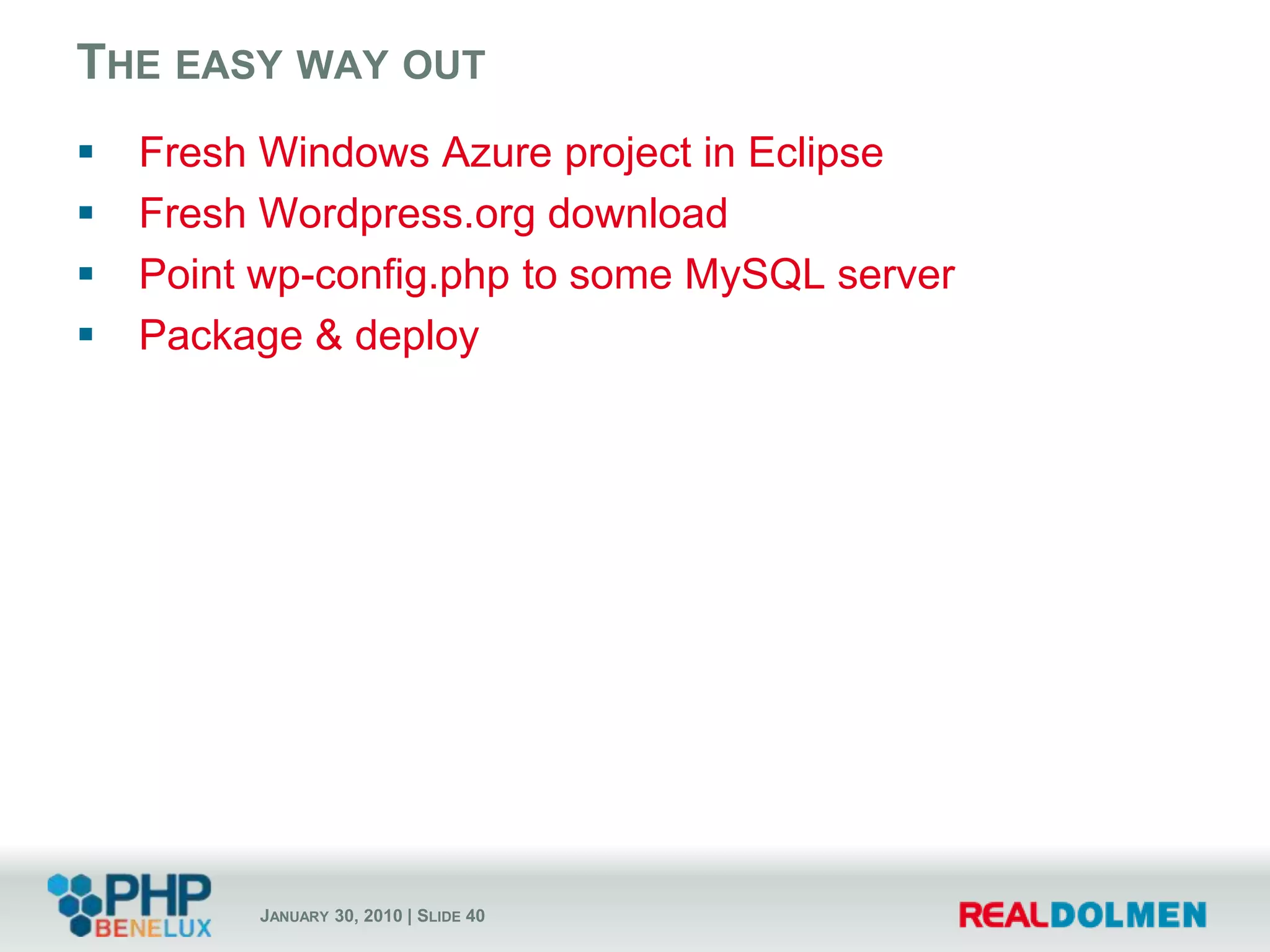 PHP with SQL AzureSQL Server Driver for PHP at http://sqlsrvphp.codeplex.com/Supports PHP access to SQL AzureFeaturesChoose between SQL Server and SQL Azure by changing connection stringUse from on-premise apps or in Windows Azure