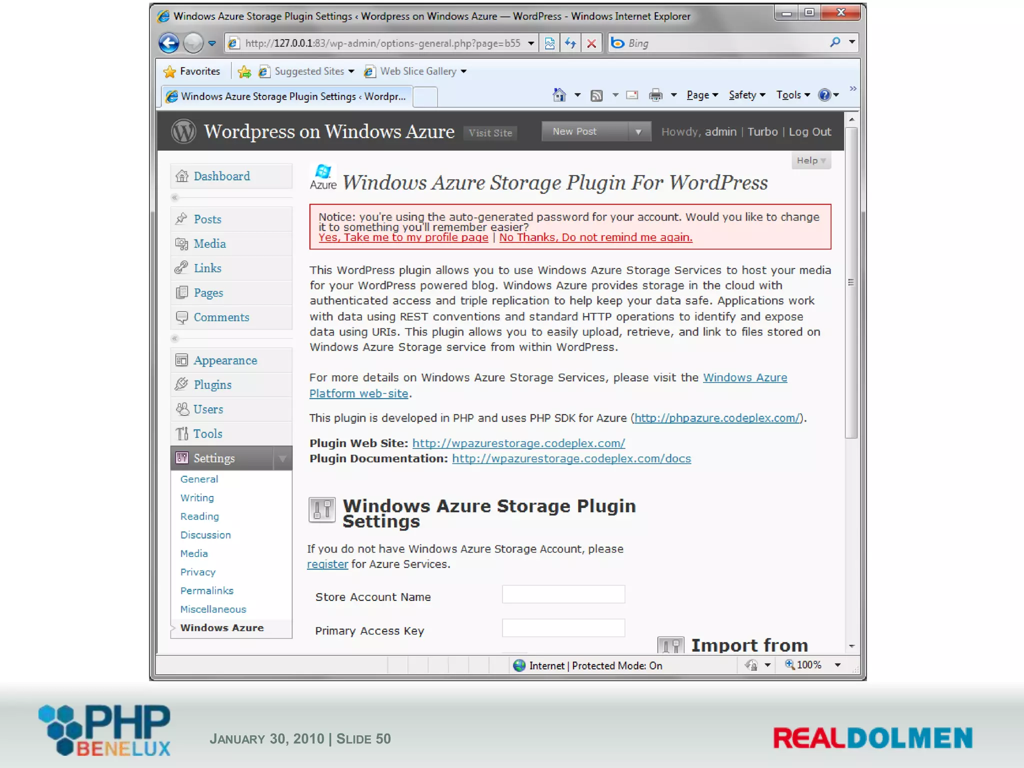 The medium way outFresh Windows Azure project in EclipseFresh Wordpress.org download“Windows Azure MySQL PHP Solution Accelerator”http://code.msdn.microsoft.com/winazuremysqlphpSome configurationSome angerSome configurationPoint wp-config.php to the above MySQL serverPackage & deploy