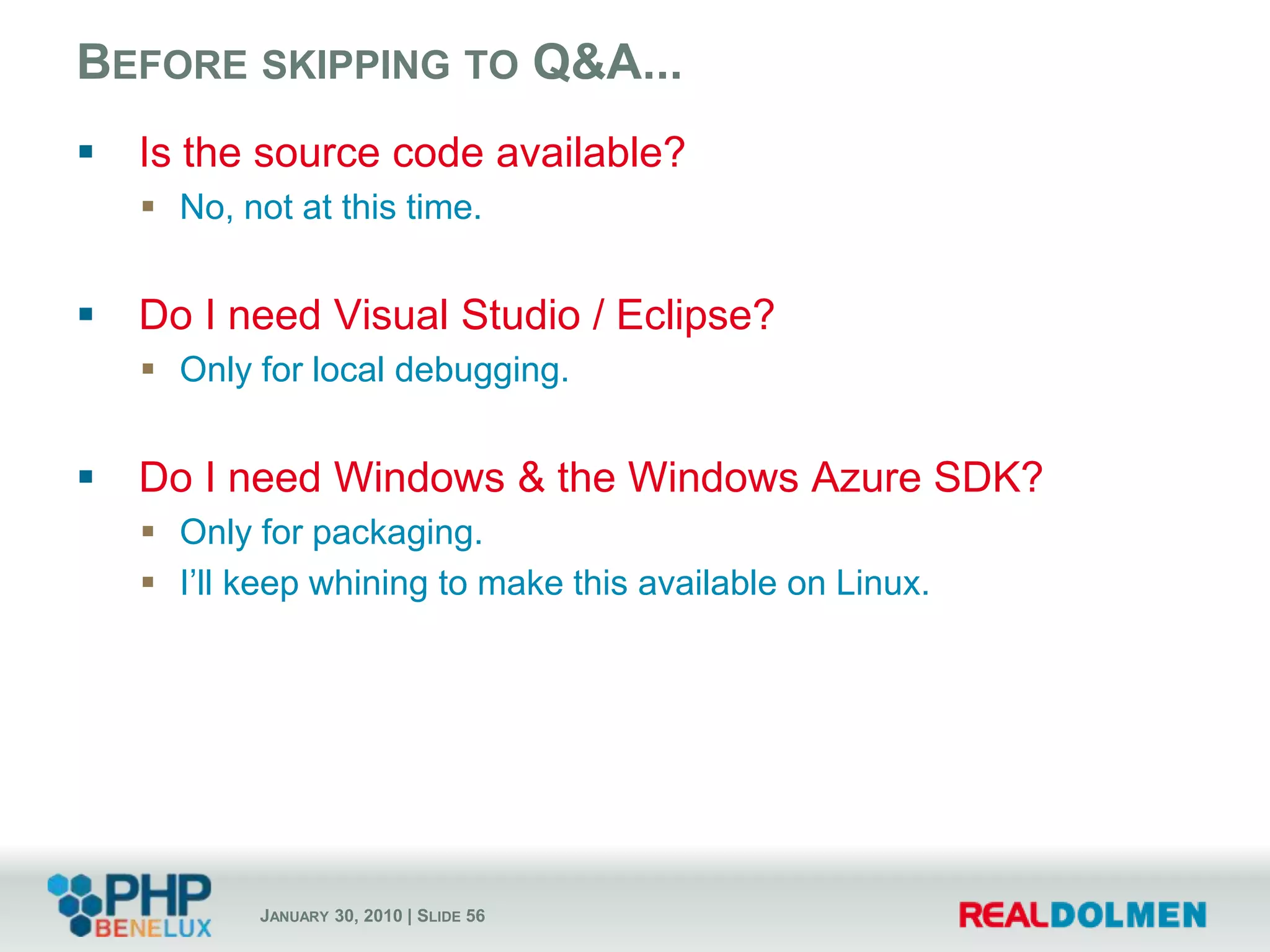 Here’s what we did...Hooks in WordpressWp-contents/db.phpWp-includes/wp-db.phpStrategyCreate wp-db.php class on top of SQL Server Driver for PHPhttp://www.microsoft.com/sqlserver/2005/en/us/PHP-Driver.aspxCreate custom DB schema, compatible with SQL ServerBuild a query translation tool, rewriting queries on-the-flySomeone at Microsoft had this laying around