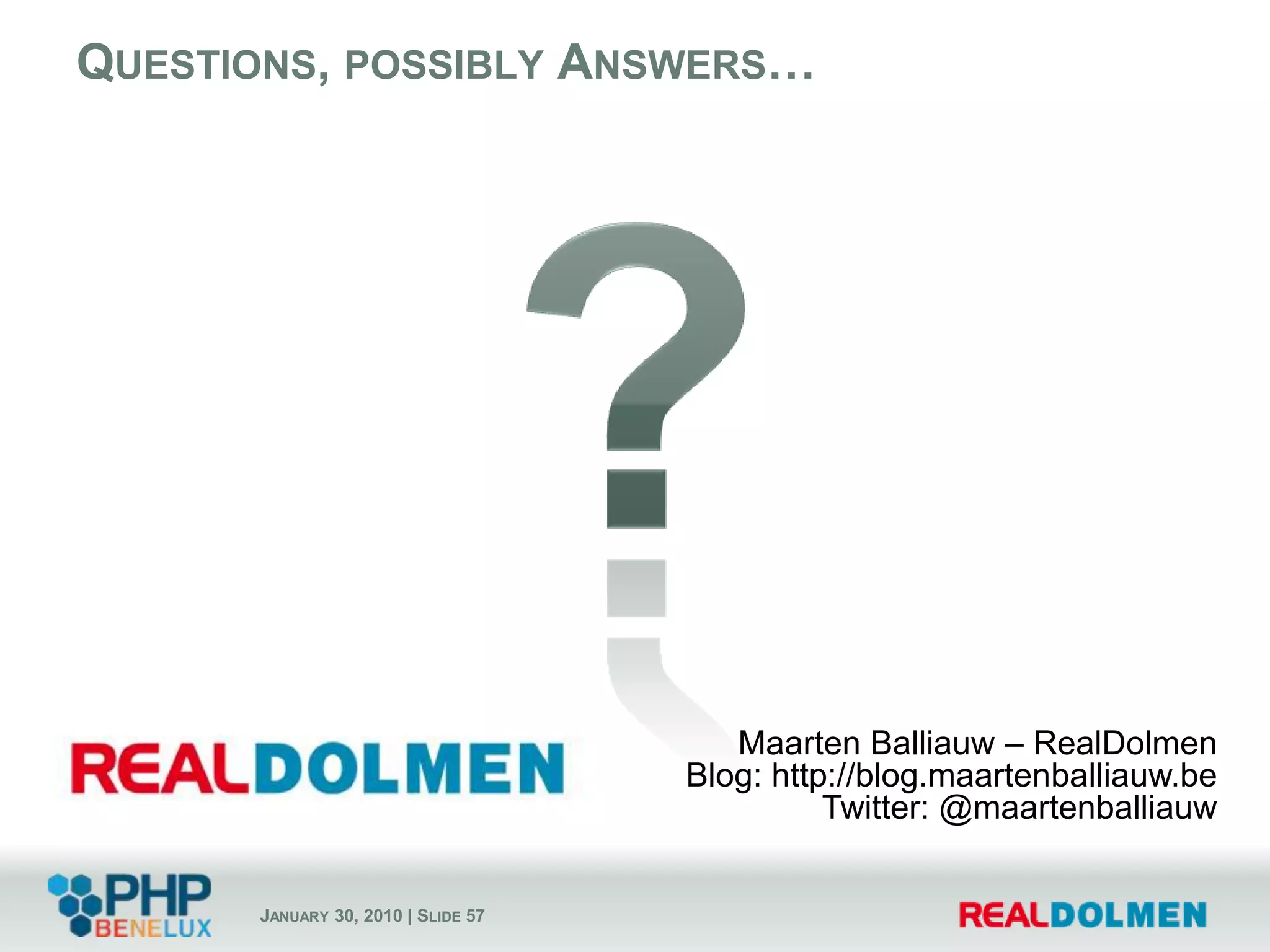 But there’s also... resourcesResourcesImages, other file uploads, ...Normally stored on server diskBut this may not survive on Windows Azure...SolutionPlugin using Windows Azure SDK for PHPStoring everything on Blob StorageServing everything from Blob StorageThere’s a CDN available!