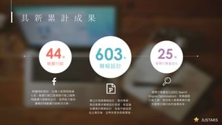 JUSTARS
具 新 累 計 成 果
專注於商業簡報設計，秉持專業、
高品質要求簡報設計美感，希望藉
由優質的簡報設計，為客戶創造更
佳企業形象，並帶來更多商業價值。
搜尋引擎最佳化(SEO, Search
Engine Optimization)，新興網路
行銷工具，是技術人員專業操作提
升搜尋引擎的自然搜尋排序。
44件
臉書行銷
603件
簡報設計
25件
搜尋引擎最佳化
根據FB的統計，台灣人使用FB高達
七成。臉書行銷已是網路行銷之趨勢，
FB臉書行銷勢在必行，我們致力提供
優質的FB臉書行銷解決方案。
 