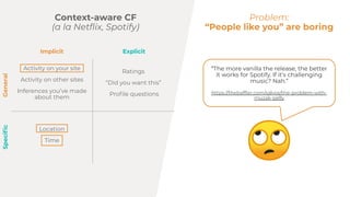 Activity on your site
Activity on other sites
Inferences youve made
about them
Ratings
Did you want this
Pro?le questions
Location
Time
Implicit Explicit
GeneralSpeci?c
Problem:
People like you are boring
Context-aware CF
(a la Net?ix, Spotify)
The more vanilla the release, the better
it works for Spotify. If its challenging
music? Nah.
https://thebaf?er.com/salvos/the-problem-with-
muzak-pelly
 