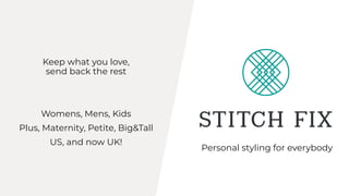 Womens, Mens, Kids
Plus, Maternity, Petite, Big&Tall
US, and now UK!
Personal styling for everybody
Keep what you love,
send back the rest
 