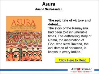 Asura
Anand Neelakantan
Click Here to Rent
The epic tale of victory and
defeat…
The story of the Ramayana
had been told innumerable
times. The enthralling story of
Rama, the incarnation of
God, who slew Ravana, the
evil demon of darkness, is
known to every Indian.
 
