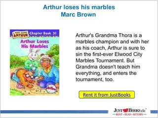 Arthur loses his marbles
Marc Brown
Rent it from JustBooks
Arthur's Grandma Thora is a
marbles champion and with her
as his coach, Arthur is sure to
sin the first-ever Elwood City
Marbles Tournament. But
Grandma doesn't teach him
everything, and enters the
tournament, too.
 