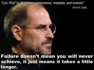 Turn “iFail” to “American entrepreneur, marketer, and inventor”
STEVE JOBS

Failure doesn’t mean you will never
achieve, it just means it takes a little
longer.

 