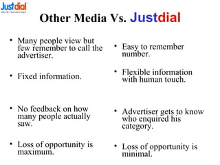 Other Media Vs. Justdial
• Many people view but
few remember to call the
advertiser.
• Fixed information.
• No feedback on how
many people actually
saw.
• Loss of opportunity is
maximum.
• Easy to remember
number.
• Flexible information
with human touch.
• Advertiser gets to know
who enquired his
category.
• Loss of opportunity is
minimal.
 