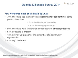 Deloitte Millenials Survey 2014
75% workforce made of Millenials by 2025
• 70% Millenials see themselves as working indepe...