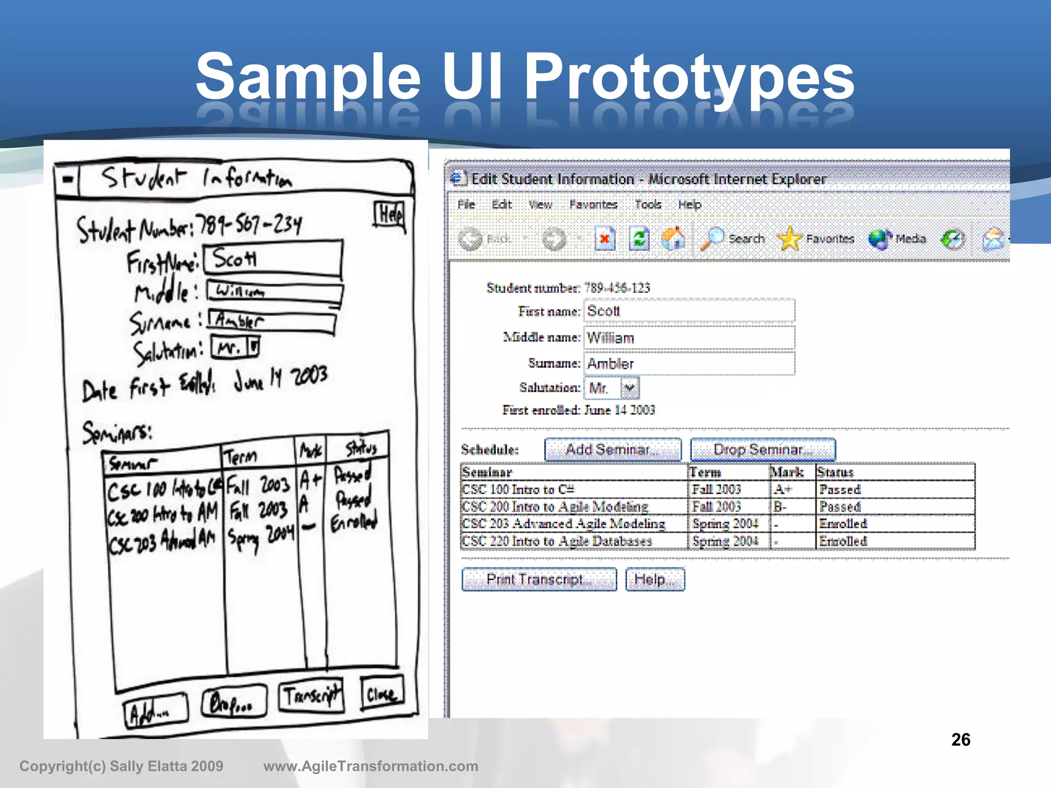 Sample UI Prototypes




                                                               26
Copyright(c) Sally Elatta 2009   www.AgileTransformation.com
 