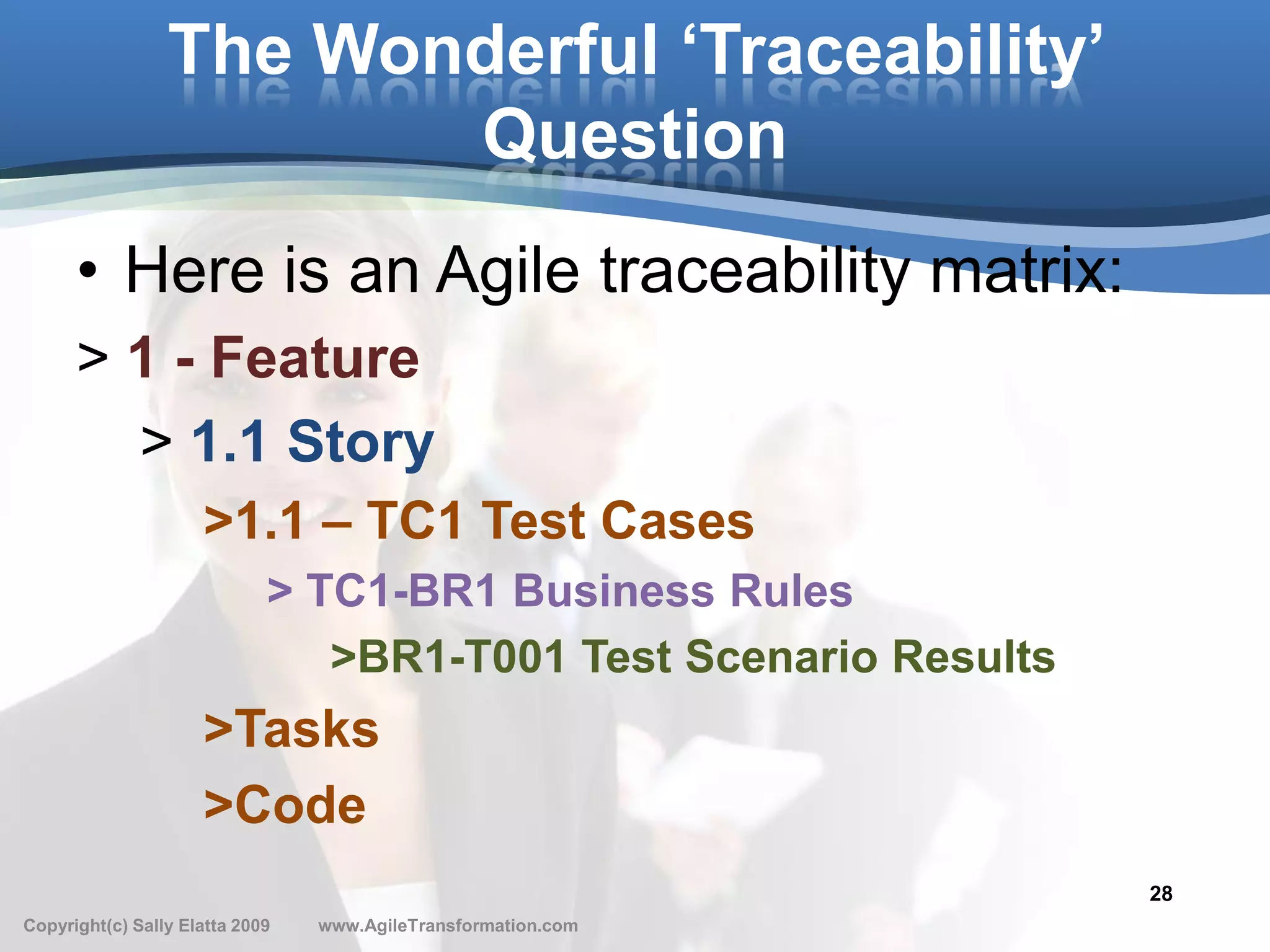 The Wonderful ‘Traceability’
                        Question
      • Here is an Agile traceability matrix:
      > 1 - Feature
        > 1.1 Story
                     >1.1 – TC1 Test Cases
                             > TC1-BR1 Business Rules
                                >BR1-T001 Test Scenario Results
                     >Tasks
                     >Code
                                                                  28
Copyright(c) Sally Elatta 2009   www.AgileTransformation.com
 