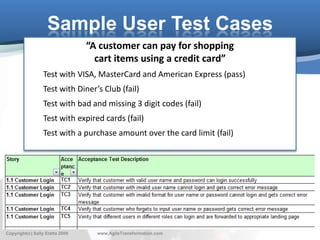 Sample User Test Cases
                                 “A customer can pay for shopping
                                   cart items using a credit card”
                  Test with VISA, MasterCard and American Express (pass)
                  Test with Diner’s Club (fail)
                  Test with bad and missing 3 digit codes (fail)
                  Test with expired cards (fail)
                  Test with a purchase amount over the card limit (fail)




                                                                           23
Copyright(c) Sally Elatta 2009     www.AgileTransformation.com
 