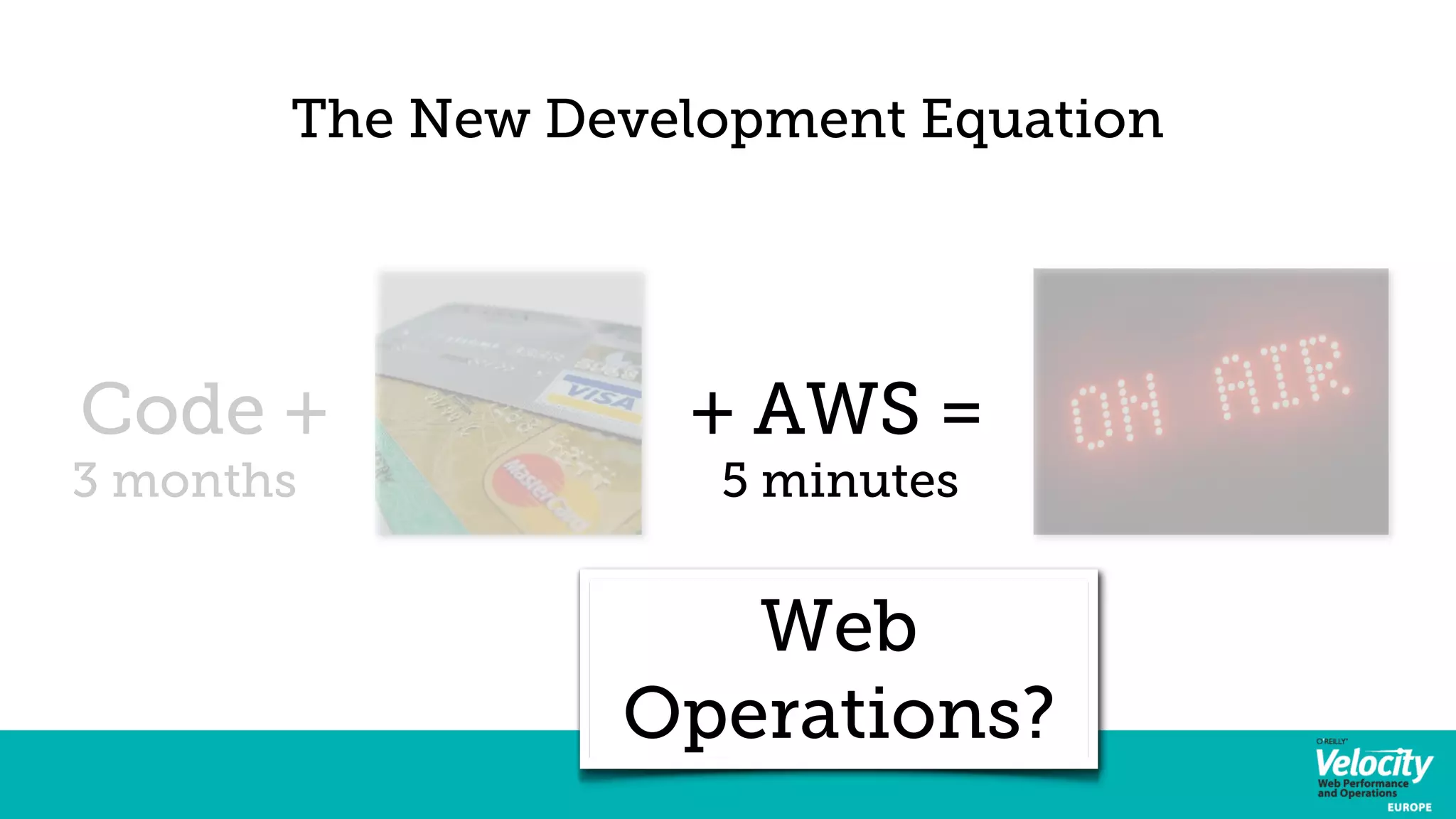 The New Development Equation 
Code + + AWS = 
3 months 5 minutes 
Web 
Operations? 
 