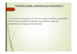 Première étape : prévision ou commande ?
Ce n’est pas un hasard si le JAT est né dans l’industrie automobile.
Celle ci est un produit de grande consommation sujet des
mouvements cycliques de la demande.
 