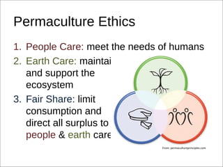 Permaculture Ethics
1. People Care: meet the needs of humans
2. Earth Care: maintain
   and support the
   ecosystem
3. Fair Share: limit
   consumption and
   direct all surplus to
   people & earth care
                               From: permacultureprinciples.com
 
