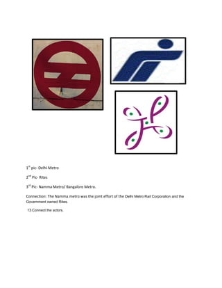 1st
pic- Delhi Metro
2nd
Pic- Rites
3rd
Pic- Namma Metro/ Bangalore Metro.
Connection: The Namma metro was the joint effort of the Delhi Metro Rail Corporation and the
Government owned Rites.
13.Connect the actors.
 