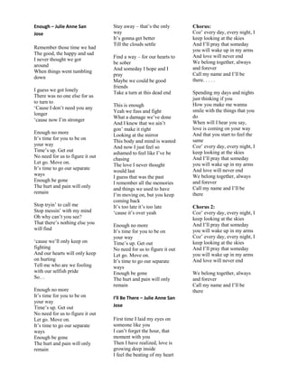 Enough – Julie Anne San
Jose
Remember those time we had
The good, the happy and sad
I never thought we got
around
When things went tumbling
down
I guess we got lonely
There was no one else for us
to turn to
„Cause I don‟t need you any
longer
„cause now I‟m stronger
Enough no more
It‟s time for you to be on
your way
Time‟s up. Get out
No need for us to figure it out
Let go. Move on.
It‟s time to go our separate
ways
Enough be gone
The hurt and pain will only
remain
Stop tryin‟ to call me
Stop messin‟ with my mind
Oh why can‟t you see?
That there‟s nothing else you
will find
„cause we‟ll only keep on
fighting
And our hearts will only keep
on hurting
Tell me who are we fooling
with our selfish pride
So…
Enough no more
It‟s time for you to be on
your way
Time‟s up. Get out
No need for us to figure it out
Let go. Move on.
It‟s time to go our separate
ways
Enough be gone
The hurt and pain will only
remain
Stay away – that‟s the only
way
It‟s gonna get better
Till the clouds settle
Find a way – for our hearts to
be sober
And someday I hope and I
pray
Maybe we could be good
friends
Take a turn at this dead end
This is enough
Yeah we fuss and fight
What a damage we‟ve done
And I knew that we ain‟t
gon‟ make it right
Looking at the mirror
This body and mind is wasted
And now I just feel so
ashamed to feel like I‟ve be
chasing
The love I never thought
would last
I guess that was the past
I remember all the memories
and things we used to have
I‟m moving on, but you keep
coming back
It‟s too late it‟s too late
„cause it‟s over yeah
Enough no more
It‟s time for you to be on
your way
Time‟s up. Get out
No need for us to figure it out
Let go. Move on.
It‟s time to go our separate
ways
Enough be gone
The hurt and pain will only
remain
I’ll Be There – Julie Anne San
Jose
First time I laid my eyes on
someone like you
I can‟t forget the hour, that
moment with you
Then I have realized, love is
growing deep inside
I feel the beating of my heart
Chorus:
Coz‟ every day, every night, I
keep looking at the skies
And I‟ll pray that someday
you will wake up in my arms
And love will never end
We belong together, always
and forever
Call my name and I‟ll be
there. . . . .
Spending my days and nights
just thinking if you
How you make me wanna
smile with the things that you
do
When will I hear you say,
love is coming on your way
And that you start to feel the
same
Coz‟ every day, every night, I
keep looking at the skies
And I‟ll pray that someday
you will wake up in my arms
And love will never end
We belong together, always
and forever
Call my name and I‟ll be
there
Chorus 2:
Coz‟ every day, every night, I
keep looking at the skies
And I‟ll pray that someday
you will wake up in my arms
Coz‟ every day, every night, I
keep looking at the skies
And I‟ll pray that someday
you will wake up in my arms
And love will never end
We belong together, always
and forever
Call my name and I‟ll be
there
 