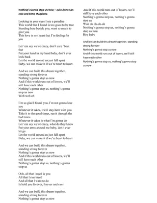 Nothing’s Gonna Stop Us Now – Julie Anne San
Jose and Elmo Magalona
Looking in your eyes I see a paradise
This world that I found is too good to be true
Standing here beside you, want so much to
give you
This love in my heart that I‟m feeling for
you
Let „em say we‟re crazy, don‟t care ‟bout
that
Put your hand in my hand baby, don‟t ever
look back
Let the world around us just fall apart
Baby, we can make it if we‟re heart to heart
And we can build this dream together,
standing strong forever
Nothing‟s gonna stop us now
And if this world runs out of lovers, we‟ll
still have each other
Nothing‟s gonna stop us, nothing‟s gonna
stop us now
Woh woh oh
I‟m so glad I found you, I‟m not gonna lose
you
Whatever it takes, I will stay here with you
Take it to the good times, see it through the
bad times
Whatever it takes is what I‟m gonna do
Let „em say we‟re crazy, what do they know
Put your arms around me baby, don‟t ever
let go
Let the world around us just fall apart
Baby, we can make it if we‟re heart to heart
And we can build this dream together,
standing strong forever
Nothing‟s gonna stop us now
And if this world runs out of lovers, we‟ll
still have each other
Nothing‟s gonna stop us, nothing‟s gonna
stop us
Ooh, all that I need is you
All that I ever need
And all that I want to do
Is hold you forever, forever and ever
And we can build this dream together,
standing strong forever
Nothing‟s gonna stop us now
And if this world runs out of lovers, we‟ll
still have each other
Nothing‟s gonna stop us, nothing‟s gonna
stop us
Woh oh oh-oh-oh
Nothing‟s gonna stop us, nothing‟s gonna
stop us now
Hey baby
And we can build this dream together, standing
strong forever
Nothing’s gonna stop us now
And if this world runs out of lovers, we’ll still
have each other
Nothing’s gonna stop us, nothing’s gonna stop
us now
 