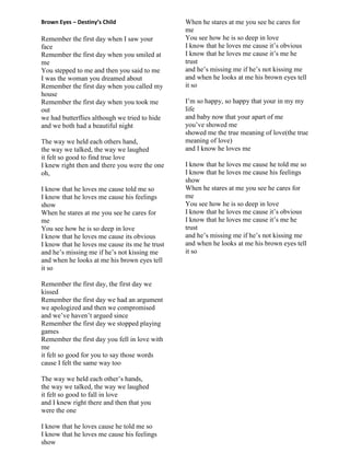 Brown Eyes – Destiny’s Child
Remember the first day when I saw your
face
Remember the first day when you smiled at
me
You stepped to me and then you said to me
I was the woman you dreamed about
Remember the first day when you called my
house
Remember the first day when you took me
out
we had butterflies although we tried to hide
and we both had a beautiful night
The way we held each others hand,
the way we talked, the way we laughed
it felt so good to find true love
I knew right then and there you were the one
oh,
I know that he loves me cause told me so
I know that he loves me cause his feelings
show
When he stares at me you see he cares for
me
You see how he is so deep in love
I know that he loves me cause its obvious
I know that he loves me cause its me he trust
and he‟s missing me if he‟s not kissing me
and when he looks at me his brown eyes tell
it so
Remember the first day, the first day we
kissed
Remember the first day we had an argument
we apologized and then we compromised
and we‟ve haven‟t argued since
Remember the first day we stopped playing
games
Remember the first day you fell in love with
me
it felt so good for you to say those words
cause I felt the same way too
The way we held each other‟s hands,
the way we talked, the way we laughed
it felt so good to fall in love
and I knew right there and then that you
were the one
I know that he loves cause he told me so
I know that he loves me cause his feelings
show
When he stares at me you see he cares for
me
You see how he is so deep in love
I know that he loves me cause it‟s obvious
I know that he loves me cause it‟s me he
trust
and he‟s missing me if he‟s not kissing me
and when he looks at me his brown eyes tell
it so
I‟m so happy, so happy that your in my my
life
and baby now that your apart of me
you‟ve showed me
showed me the true meaning of love(the true
meaning of love)
and I know he loves me
I know that he loves me cause he told me so
I know that he loves me cause his feelings
show
When he stares at me you see he cares for
me
You see how he is so deep in love
I know that he loves me cause it‟s obvious
I know that he loves me cause it‟s me he
trust
and he‟s missing me if he‟s not kissing me
and when he looks at me his brown eyes tell
it so
 