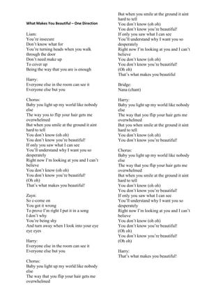 What Makes You Beautiful – One Direction
Liam:
You‟re insecure
Don‟t know what for
You‟re turning heads when you walk
through the door
Don‟t need make up
To cover up
Being the way that you are is enough
Harry:
Everyone else in the room can see it
Everyone else but you
Chorus:
Baby you light up my world like nobody
else
The way you to flip your hair gets me
overwhelmed
But when you smile at the ground it aint
hard to tell
You don‟t know (oh oh)
You don‟t know you‟re beautiful!
If only you saw what I can see
You‟ll understand why I want you so
desperately
Right now I‟m looking at you and I can‟t
believe
You don‟t know (oh oh)
You don‟t know you‟re beautiful!
(Oh oh)
That‟s what makes you beautiful!
Zayn:
So c-come on
You got it wrong
To prove I‟m right I put it in a song
I don‟t why
You‟re being shy
And turn away when I look into your eye
eye eyes
Harry:
Everyone else in the room can see it
Everyone else but you
Chorus:
Baby you light up my world like nobody
else
The way that you flip your hair gets me
overwhelmed
But when you smile at the ground it aint
hard to tell
You don‟t know (oh oh)
You don‟t know you‟re beautiful!
If only you saw what I can see
You‟ll understand why I want you so
desperately
Right now I‟m looking at you and I can‟t
believe
You don‟t know (oh oh)
You don‟t know you‟re beautiful!
(Oh oh)
That‟s what makes you beautiful
Bridge:
Nana (chant)
Harry:
Baby you light up my world like nobody
else
The way that you flip your hair gets me
overwhelmed
But you when smile at the ground it aint
hard to tell
You don‟t know (oh oh)
You don‟t know you‟re beautiful!
Chorus:
Baby you light up my world like nobody
else
The way that you flip your hair gets me
overwhelmed
But when you smile at the ground it aint
hard to tell
You don‟t know (oh oh)
You don‟t know you‟re beautiful!
If only you saw what I can see
You‟ll understand why I want you so
desperately
Right now I‟m looking at you and I can‟t
believe
You don‟t know (oh oh)
You don‟t know you‟re beautiful!
(Oh oh)
You don‟t know you‟re beautiful!
(Oh oh)
Harry:
That‟s what makes you beautiful!
 