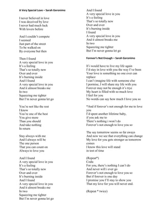 A Very Special Love – Sarah Geronimo
I never believed in love
I was deceived by love
I never had much luck
With lovers before
And I couldn‟t compete
I seemed
Just part of the street
To be walked on
By everyone but then
Then I found
A very special love in you
It‟s a feeling
That‟s so totally new
Over and over
It‟s burning inside
And I found
A very special love in you
And it almost breaks me
In two
Squeezing me tighter
But I‟m never gonna let go
You‟re not like the rest
I know
You‟re one of the best
You give more
Than you should
And take nothing
In return
Stay always with me
And I always will be
The one person
That you can count on
Always to love you
And I found
A very special love in you
It‟s a feeling
That‟s so totally new
Over and over
It‟s burning inside
And I found
A very special love in you
And it almost breaks me
In two
Squeezing me tighter
But I‟m never gonna let go
And I found
A very special love in you
It‟s a feeling
That‟s so totally new
Over and over
It‟s burning inside
I found
A very special love in you
And it almost breaks me
In two
Squeezing me tighter
But I‟m never gonna let go
Forever’s Not Enough – Sarah Geronimo
If i would have to live my life again
I‟d stay in love with you the way I‟ve been
Your love is something no one ever can
replace
I can‟t imagine life with someone else
I pormise, I will share my life with you
Forever may not be enough it‟s trye
My heart is filled with so much love
I feel for you
No words can say how much I love you so
*And if forever‟s not enough for me to love
you
I‟d spent another lifetime baby,
if you ask me to
There‟s nothing i won‟t do
Forever‟s not enough to love you so
The say tomorrow seems so far aways
And now we see that everything can change
My love for you gets stronger as tomorrow
comes
I know this love will stand
in test of time
(Repeat*)
Coda:
For you, there‟s nothing I can‟t do
And never will i ever go
Forever‟s not enough to love you so
But if forever is one day
I promise you I‟ll stay to show you
That my love for you will never end.
(Repeat * twice)
 