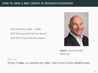 how to have a bad career in research/academia
∙ ACM President (2004 - 2006)
∙ ACM Distinguished Service Award
∙ ACM-IEEE Eckert-Mauchly Award
Figure: David Andrew
Patterson
Source:
http://www.cs.berkeley.edu/~pattrsn/talks/BadCareer
10
 
