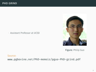 phd grind
∙ Assistant Professor at UCSD
Figure: Philip Guo
Source:
www.pgbovine.net/PhD-memoir/pguo-PhD-grind.pdf
11
 