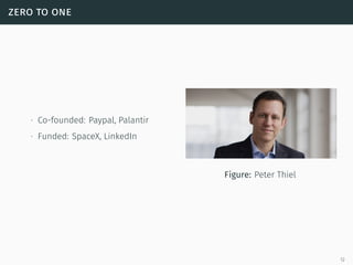 zero to one
∙ Co-founded: Paypal, Palantir
∙ Funded: SpaceX, LinkedIn
Figure: Peter Thiel
12
 