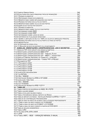 16.2 CAMPOS OBRIGATÓRIOS ............................................................................................... 246
16.3 ESTRUTURAS DOS CINCO PRINCIPAIS TIPOS DE PROMOÇÕES ........................................... 247
16.3.1 PEDINDO ELEMENTOS ................................................................................................. 247
16.3.2 REITERANDO PEDIDO DE ELEMENTOS .......................................................................... 247
16.3.3 MANIFESTANDO SOBRE IMPUGNAÇÕES DAS PARTES ..................................................... 247
16.3.4 PEDINDO RETORNO DOS AUTOS AO PERITO .................................................................. 247
16.3.5 MANIFESTANDO SOBRE CÁLCULOS DAS PARTES ........................................................... 248
16.4 EXEMPLOS DE TEXTOS POR ASSUNTO ............................................................................. 248
16.4.1 PEDINDO ELEMENTOS ................................................................................................. 248
16.4.2 MANIFESTANDO SOBRE CÁLCULO DAS PARTES ............................................................. 249
16.4.3 INFORMANDO SOBRE INSS ......................................................................................... 250
16.4.4 INFORMANDO SOBRE IRRF ......................................................................................... 255
16.4.5 INFORMANDO SOBRE JUROS DE MORA ......................................................................... 260
16.4.6 CRITÉRIOS DE ATUALIZAÇÃO MONETÁRIA ..................................................................... 262
16.4.7 SOBRE A LIMITAÇÃO DA MULTA A 100% DO VALOR DA OBRIGAÇÃO PRINCIPAL ................ 262
16.4.8 PEDINDO RETORNO DOS AUTOS AO PERITO OU PARA AS PARTES ................................... 262
16.4.9 MASSA FALIDA ........................................................................................................... 264
16.4.10 CERTIDÃO DE DÍVIDA ATIVA ....................................................................................... 264
16.4.11 DEDUÇÃO NA DATA DO DEPÓSITO OU LEVANTAMENTO ................................................ 265
17 - SÚMULAS, ORIENTAÇÕES JURISPRUDENCIAIS, LEIS E DECRETOS ................... 267
17.1 SÚMULAS TST (POR ASSUNTO EM ORDEM ALFABÉTICA)................................................... 267
17.2 ORIENTAÇÕES JURISPRUDENCIAIS SBDI-I/TST .............................................................. 283
17.3 ORIENTAÇÕES JURISPRUDENCIAIS TST - TRIBUNAL PLENO ............................................. 293
17.4 ORIENTAÇÕES JURISPRUDENCIAIS TST - SBDI-1 - TRANSITÓRIA .................................... 294
17.5 SÚMULAS TRIBUNAL REGIONAL DO TRABALHO – 3ª REGIÃO ............................................ 295
17.6 ORIENTAÇÕES JURISPRUDENCIAIS - TURMAS TRT–3ª REGIÃO ........................................ 296
17.7 PROVIMENTOS TRT ...................................................................................................... 298
17.7.1 PROVIMENTO 03/91 ................................................................................................... 298
17.7.2 PROVIMENTO 01/93 ................................................................................................... 298
17.7.3 PROVIMENTO 04/00 ................................................................................................... 299
17.7.4 PROVIMENTO 01/04 ................................................................................................... 300
17.7.5 PROVIMENTO 01/08 ................................................................................................... 301
17.8 LEGISLAÇÃO PREVIDENCIÁRIA ........................................................................................ 304
17.8.1 LEI 8212/91 ............................................................................................................... 304
17.8.2 DEC. 3048/99 ............................................................................................................ 318
17.8.3 INSTRUÇÃO NORMATIVA RFB Nº 971/2009 ................................................................. 326
17.9 LEGISLAÇÃO TRIBUTÁRIA ............................................................................................... 349
17.9.1 DEC. 3000/99 ............................................................................................................ 349
17.9.2 LEI 10.833/03............................................................................................................ 351
17.9.3 INSTRUÇÃO NORMATIVA RFB 1127/11 ....................................................................... 352
18 – TABELAS....................................................................................................................... 357
18.1 TABELA PRÁTICA DE INCIDÊNCIA DE INSS, IR E FGTS .................................................... 357
18.2 TABELA SALÁRIO MÍNIMO ................................................................................................ 365
18.3 TABELA EVOLUÇÃO SALÁRIO-FAMÍLIA ............................................................................. 366
18.4 TABELA PROGRESSIVA MENSAL IMPOSTO DE RENDA ........................................................ 369
18.5 TABELAS IMPOSTO DE RENDA - INSTRUÇÃO NORMATIVA/RFB Nº 1127/11 ........................ 371
18.6 TABELAS DE CONTRIBUIÇÃO PREVIDENCIÁRIA .................................................................. 372
18.7 TABELAS GRAU DE RISCO DE ACORDO COM A ATIVIDADE PREPONDERANTE ....................... 381
18.7.1 TABELA GRAU DE RISCO VIGENTE ATÉ 31/05/2007 ....................................................... 381
18.7.2 TABELA GRAU DE RISCO DE 01/06/07 A 31/12/2009 ................................................... 399
18.7.3 TABELA GRAU DE RISCO VIGENTE A PARTIR DE 01/01/2010 .......................................... 429
18.8 TABELAS SEGURO-DESEMPREGO ................................................................................... 462
18.9 TABELA URV ................................................................................................................ 464
18.10 VALORES OTN, BTN E MVR ....................................................................................... 466
18.11 UFIR .......................................................................................................................... 466
18.12 TABELA INPC – IBGE – VARIAÇÃO MENSAL E ANUAL ........................................... 467
 