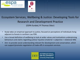 Ecosystem Services, Wellbeing & Justice: Developing Tools for
Research and Development Practice
(ESPA-funded, PI Thomas Si...
