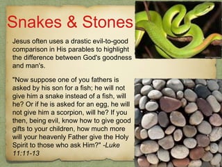 Snakes & Stones
Jesus often uses a drastic evil-to-good
comparison in His parables to highlight
the difference between God...