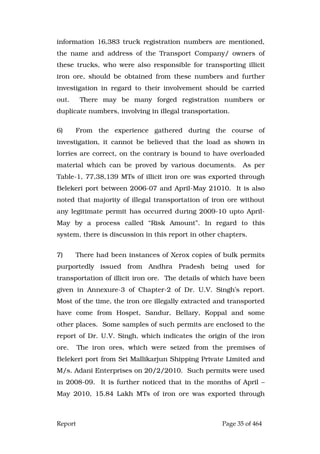Report Page 35 of 464
information 16,383 truck registration numbers are mentioned,
the name and address of the Transport Company/ owners of
these trucks, who were also responsible for transporting illicit
iron ore, should be obtained from these numbers and further
investigation in regard to their involvement should be carried
out. There may be many forged registration numbers or
duplicate numbers, involving in illegal transportation.
6) From the experience gathered during the course of
investigation, it cannot be believed that the load as shown in
lorries are correct, on the contrary is bound to have overloaded
material which can be proved by various documents. As per
Table-1, 77,38,139 MTs of illicit iron ore was exported through
Belekeri port between 2006-07 and April-May 21010. It is also
noted that majority of illegal transportation of iron ore without
any legitimate permit has occurred during 2009-10 upto April-
May by a process called “Risk Amount”. In regard to this
system, there is discussion in this report in other chapters.
7) There had been instances of Xerox copies of bulk permits
purportedly issued from Andhra Pradesh being used for
transportation of illicit iron ore. The details of which have been
given in Annexure-3 of Chapter-2 of Dr. U.V. Singh’s report.
Most of the time, the iron ore illegally extracted and transported
have come from Hospet, Sandur, Bellary, Koppal and some
other places. Some samples of such permits are enclosed to the
report of Dr. U.V. Singh, which indicates the origin of the iron
ore. The iron ores, which were seized from the premises of
Belekeri port from Sri Mallikarjun Shipping Private Limited and
M/s. Adani Enterprises on 20/2/2010. Such permits were used
in 2008-09. It is further noticed that in the months of April –
May 2010, 15.84 Lakh MTs of iron ore was exported through
 
