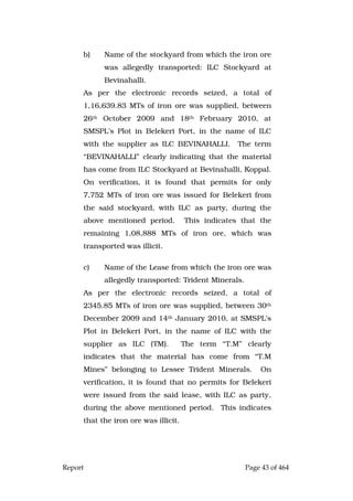 Report Page 43 of 464
b) Name of the stockyard from which the iron ore
was allegedly transported: ILC Stockyard at
Bevinahalli.
As per the electronic records seized, a total of
1,16,639.83 MTs of iron ore was supplied, between
26th October 2009 and 18th February 2010, at
SMSPL’s Plot in Belekeri Port, in the name of ILC
with the supplier as ILC BEVINAHALLI. The term
“BEVINAHALLI” clearly indicating that the material
has come from ILC Stockyard at Bevinahalli, Koppal.
On verification, it is found that permits for only
7,752 MTs of iron ore was issued for Belekeri from
the said stockyard, with ILC as party, during the
above mentioned period. This indicates that the
remaining 1,08,888 MTs of iron ore, which was
transported was illicit.
c) Name of the Lease from which the iron ore was
allegedly transported: Trident Minerals.
As per the electronic records seized, a total of
2345.85 MTs of iron ore was supplied, between 30th
December 2009 and 14th January 2010, at SMSPL’s
Plot in Belekeri Port, in the name of ILC with the
supplier as ILC (TM). The term “T.M” clearly
indicates that the material has come from “T.M
Mines” belonging to Lessee Trident Minerals. On
verification, it is found that no permits for Belekeri
were issued from the said lease, with ILC as party,
during the above mentioned period. This indicates
that the iron ore was illicit.
 