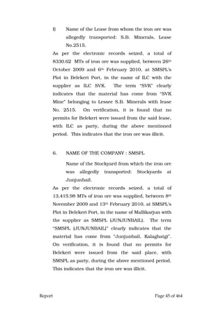 Report Page 45 of 464
f) Name of the Lease from whom the iron ore was
allegedly transported: S.B. Minerals, Lease
No.2515.
As per the electronic records seized, a total of
8330.62 MTs of iron ore was supplied, between 26th
October 2009 and 6th February 2010, at SMSPL’s
Plot in Belekeri Port, in the name of ILC with the
supplier as ILC SVK. The term “SVK” clearly
indicates that the material has come from “SVK
Mine” belonging to Lessee S.B. Minerals with lease
No. 2515. On verification, it is found that no
permits for Belekeri were issued from the said lease,
with ILC as party, during the above mentioned
period. This indicates that the iron ore was illicit.
6. NAME OF THE COMPANY : SMSPL
Name of the Stockyard from which the iron ore
was allegedly transported: Stockyards at
Junjunbail.
As per the electronic records seized, a total of
13,415.98 MTs of iron ore was supplied, between 8th
November 2009 and 13th February 2010, at SMSPL’s
Plot in Belekeri Port, in the name of Mallikarjun with
the supplier as SMSPL (JUNJUNBAIL). The term
“SMSPL (JUNJUNBAIL)” clearly indicates that the
material has come from “Junjunbail, Kalaghatgi”.
On verification, it is found that no permits for
Belekeri were issued from the said place, with
SMSPL as party, during the above mentioned period.
This indicates that the iron ore was illicit.
 