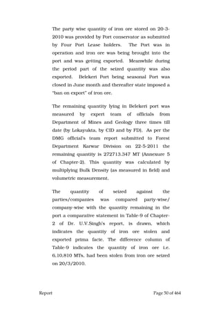 Report Page 50 of 464
The party wise quantity of iron ore stored on 20-3-
2010 was provided by Port conservator as submitted
by Four Port Lease holders. The Port was in
operation and iron ore was being brought into the
port and was getting exported. Meanwhile during
the period part of the seized quantity was also
exported. Belekeri Port being seasonal Port was
closed in June month and thereafter state imposed a
“ban on export” of iron ore.
The remaining quantity lying in Belekeri port was
measured by expert team of officials from
Department of Mines and Geology three times till
date (by Lokayukta, by CID and by FD). As per the
DMG official’s team report submitted to Forest
Department Karwar Division on 22-5-2011 the
remaining quantity is 272713.347 MT (Annexure 5
of Chapter-2). This quantity was calculated by
multiplying Bulk Density (as measured in field) and
volumetric measurement.
The quantity of seized against the
parties/companies was compared party-wise/
company-wise with the quantity remaining in the
port a comparative statement in Table-9 of Chapter-
2 of Dr. U.V.Singh’s report, is drawn, which
indicates the quantity of iron ore stolen and
exported prima facie. The difference column of
Table-9 indicates the quantity of iron ore i.e.
6,10,810 MTs, had been stolen from iron ore seized
on 20/3/2010.
 