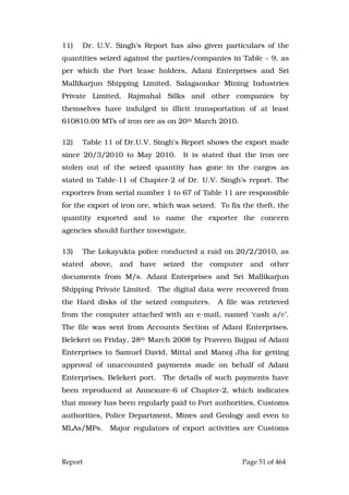 Report Page 51 of 464
11) Dr. U.V. Singh’s Report has also given particulars of the
quantities seized against the parties/companies in Table – 9, as
per which the Port lease holders, Adani Enterprises and Sri
Mallikarjun Shipping Limited, Salagaonkar Mining Industries
Private Limited, Rajmahal Silks and other companies by
themselves have indulged in illicit transportation of at least
610810.09 MTs of iron ore as on 20th March 2010.
12) Table 11 of Dr.U.V. Singh’s Report shows the export made
since 20/3/2010 to May 2010. It is stated that the iron ore
stolen out of the seized quantity has gone in the cargos as
stated in Table-11 of Chapter-2 of Dr. U.V. Singh’s report. The
exporters from serial number 1 to 67 of Table 11 are responsible
for the export of iron ore, which was seized. To fix the theft, the
quantity exported and to name the exporter the concern
agencies should further investigate.
13) The Lokayukta police conducted a raid on 20/2/2010, as
stated above, and have seized the computer and other
documents from M/s. Adani Enterprises and Sri Mallikarjun
Shipping Private Limited. The digital data were recovered from
the Hard disks of the seized computers. A file was retrieved
from the computer attached with an e-mail, named ‘cash a/c’.
The file was sent from Accounts Section of Adani Enterprises,
Belekeri on Friday, 28th March 2008 by Praveen Bajpai of Adani
Enterprises to Samuel David, Mittal and Manoj Jha for getting
approval of unaccounted payments made on behalf of Adani
Enterprises, Belekeri port. The details of such payments have
been reproduced at Annexure-6 of Chapter-2, which indicates
that money has been regularly paid to Port authorities, Customs
authorities, Police Department, Mines and Geology and even to
MLAs/MPs. Major regulators of export activities are Customs
 