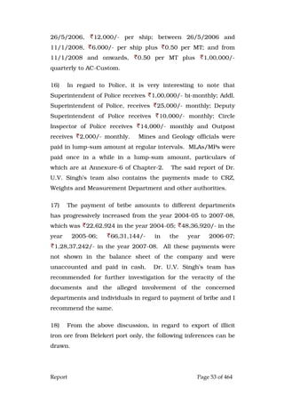 Report Page 53 of 464
26/5/2006, 12,000/- per ship; between 26/5/2006 and
11/1/2008, 6,000/- per ship plus 0.50 per MT; and from
11/1/2008 and onwards, 0.50 per MT plus 1,00,000/-
quarterly to AC-Custom.
16) In regard to Police, it is very interesting to note that
Superintendent of Police receives 1,00,000/- bi-monthly; Addl.
Superintendent of Police, receives 25,000/- monthly; Deputy
Superintendent of Police receives 10,000/- monthly; Circle
Inspector of Police receives 14,000/- monthly and Outpost
receives 2,000/- monthly. Mines and Geology officials were
paid in lump-sum amount at regular intervals. MLAs/MPs were
paid once in a while in a lump-sum amount, particulars of
which are at Annexure-6 of Chapter-2. The said report of Dr.
U.V. Singh’s team also contains the payments made to CRZ,
Weights and Measurement Department and other authorities.
17) The payment of bribe amounts to different departments
has progressively increased from the year 2004-05 to 2007-08,
which was 22,62,924 in the year 2004-05; 48,36,920/- in the
year 2005-06; 66,31,144/- in the year 2006-07;
1,28,37,242/- in the year 2007-08. All these payments were
not shown in the balance sheet of the company and were
unaccounted and paid in cash. Dr. U.V. Singh’s team has
recommended for further investigation for the veracity of the
documents and the alleged involvement of the concerned
departments and individuals in regard to payment of bribe and I
recommend the same.
18) From the above discussion, in regard to export of illicit
iron ore from Belekeri port only, the following inferences can be
drawn.
 