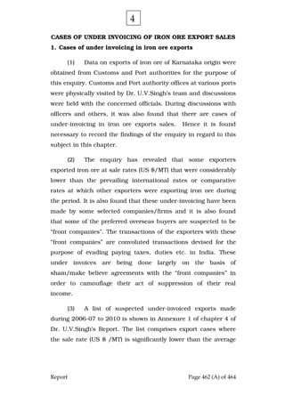 Report Page 462 (A) of 464
CASES OF UNDER INVOICING OF IRON ORE EXPORT SALES
1. Cases of under invoicing in iron ore exports
(1) Data on exports of iron ore of Karnataka origin were
obtained from Customs and Port authorities for the purpose of
this enquiry. Customs and Port authority offices at various ports
were physically visited by Dr. U.V.Singh’s team and discussions
were held with the concerned officials. During discussions with
officers and others, it was also found that there are cases of
under-invoicing in iron ore exports sales. Hence it is found
necessary to record the findings of the enquiry in regard to this
subject in this chapter.
(2) The enquiry has revealed that some exporters
exported iron ore at sale rates (US $/MT) that were considerably
lower than the prevailing international rates or comparative
rates at which other exporters were exporting iron ore during
the period. It is also found that these under-invoicing have been
made by some selected companies/firms and it is also found
that some of the preferred overseas buyers are suspected to be
“front companies”. The transactions of the exporters with these
“front companies” are convoluted transactions devised for the
purpose of evading paying taxes, duties etc. in India. These
under invoices are being done largely on the basis of
sham/make believe agreements with the “front companies” in
order to camouflage their act of suppression of their real
income.
(3) A list of suspected under-invoiced exports made
during 2006-07 to 2010 is shown in Annexure 1 of chapter 4 of
Dr. U.V.Singh’s Report. The list comprises export cases where
the sale rate (US $ /MT) is significantly lower than the average
4
 