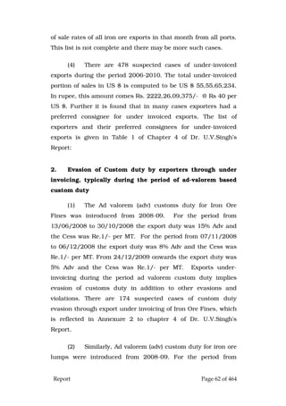 Report Page 62 of 464
of sale rates of all iron ore exports in that month from all ports.
This list is not complete and there may be more such cases.
(4) There are 478 suspected cases of under-invoiced
exports during the period 2006-2010. The total under-invoiced
portion of sales in US $ is computed to be US $ 55,55,65,234.
In rupee, this amount comes Rs. 2222,26,09,375/- @ Rs 40 per
US $. Further it is found that in many cases exporters had a
preferred consignee for under invoiced exports. The list of
exporters and their preferred consignees for under-invoiced
exports is given in Table 1 of Chapter 4 of Dr. U.V.Singh’s
Report:
2. Evasion of Custom duty by exporters through under
invoicing, typically during the period of ad-valorem based
custom duty
(1) The Ad valorem (adv) customs duty for Iron Ore
Fines was introduced from 2008-09. For the period from
13/06/2008 to 30/10/2008 the export duty was 15% Adv and
the Cess was Re.1/- per MT. For the period from 07/11/2008
to 06/12/2008 the export duty was 8% Adv and the Cess was
Re.1/- per MT. From 24/12/2009 onwards the export duty was
5% Adv and the Cess was Re.1/- per MT. Exports under-
invoicing during the period ad valorem custom duty implies
evasion of customs duty in addition to other evasions and
violations. There are 174 suspected cases of custom duty
evasion through export under invoicing of Iron Ore Fines, which
is reflected in Annexure 2 to chapter 4 of Dr. U.V.Singh’s
Report.
(2) Similarly, Ad valorem (adv) custom duty for iron ore
lumps were introduced from 2008-09. For the period from
 