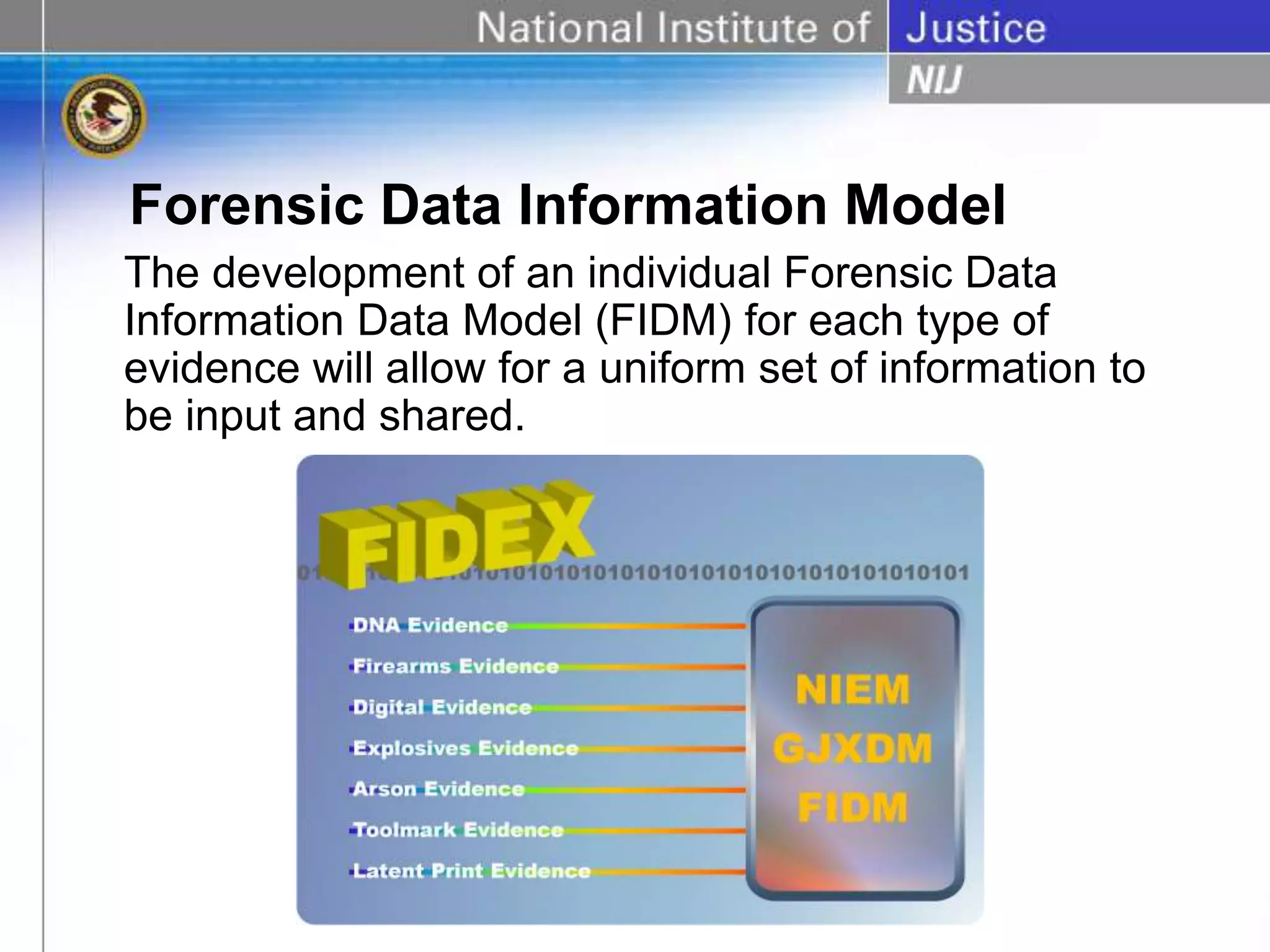 Forensic Data Information Model
The development of an individual Forensic Data
Information Data Model (FIDM) for each type of
evidence will allow for a uniform set of information to
be input and shared.
 