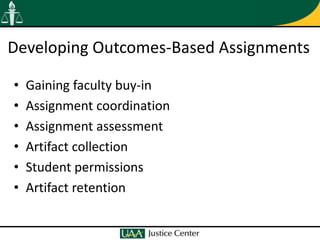 Developing Outcomes-Based Assignments

•   Gaining faculty buy-in
•   Assignment coordination
•   Assignment assessment
•   Artifact collection
•   Student permissions
•   Artifact retention
 