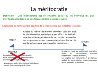 La méritocratie
Départ
Arrivée
Ressources rares ou socialement valorisées:
seules les performances scolaires
déterminent l’accès aux emplois,
Ex: emplois bien rémunérés et prestigieux,
accès à des biens valorisés (maisons dans des
beaux quartiers…), honneurs
Individus
Critère du mérite : le premier arrivé est celui qui avait
le plus de mérite, son talent et ses efforts individuels
sont les seules explications de son succès car tous les
autres paramètres qui pouvaient expliquer les succès
ont la même valeur pour tous les participants.
Définition : Une méritocratie est un système social où les individus les plus
méritants accèdent aux positions sociales les plus élevées.
Application de la métaphore sportive de la méritocratie aux inégalités sociales?
Les individus partent du même point,
Ecole gratuite et est la même pour tous,
discrimination négative interdite,
Nous savons qu’il est inexact que les individus
partent de la même ligne de départ.
 