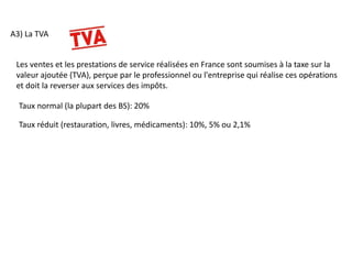 A3) La TVA
Taux normal (la plupart des BS): 20%
Les ventes et les prestations de service réalisées en France sont soumises à la taxe sur la
valeur ajoutée (TVA), perçue par le professionnel ou l'entreprise qui réalise ces opérations
et doit la reverser aux services des impôts.
Taux réduit (restauration, livres, médicaments): 10%, 5% ou 2,1%
 
