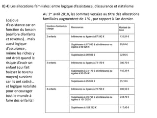 B) 4) Les allocations familiales: entre logique d’assistance, d’assurance et natalisme
Logique
d’assistance car en
fonction du besoin
(nombre d’enfants
et revenus)… mais
aussi logique
d’assurance ,
même les riches y
ont droit quand le
risque d’avoir un
enfant (qui fait
baisser le revenu
moyen) survient
car ils ont cotisé…
et logique nataliste
pour encourager
tout le monde à
faire des enfants!
Au 1er avril 2018, les sommes versées au titre des allocations
familiales augmentent de 1 % , par rapport à l’an dernier.
 