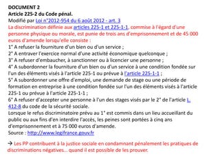 DOCUMENT 2
Article 225-2 du Code pénal.
Modifié par Loi n°2012-954 du 6 août 2012 - art. 3
La discrimination définie aux articles 225-1 et 225-1-1, commise à l'égard d'une
personne physique ou morale, est punie de trois ans d'emprisonnement et de 45 000
euros d'amende lorsqu'elle consiste :
1° A refuser la fourniture d'un bien ou d'un service ;
2° A entraver l'exercice normal d'une activité économique quelconque ;
3° A refuser d'embaucher, à sanctionner ou à licencier une personne ;
4° A subordonner la fourniture d'un bien ou d'un service à une condition fondée sur
l'un des éléments visés à l'article 225-1 ou prévue à l'article 225-1-1 ;
5° A subordonner une offre d'emploi, une demande de stage ou une période de
formation en entreprise à une condition fondée sur l'un des éléments visés à l'article
225-1 ou prévue à l'article 225-1-1 ;
6° A refuser d'accepter une personne à l'un des stages visés par le 2° de l'article L.
412-8 du code de la sécurité sociale.
Lorsque le refus discriminatoire prévu au 1° est commis dans un lieu accueillant du
public ou aux fins d'en interdire l'accès, les peines sont portées à cinq ans
d'emprisonnement et à 75 000 euros d'amende.
Source : http://www.legifrance.gouv.fr
 Les PP contribuent à la justice sociale en condamnant pénalement les pratiques de
discriminations négatives… quand il est possible de les prouver.
 