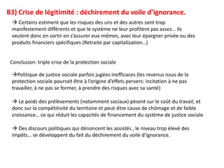 B3) Crise de légitimité : déchirement du voile d’ignorance.
 Certains estiment que les risques des uns et des autres sont trop
manifestement différents et que le système ne leur profitent pas assez… Ils
veulent donc en sortir en s’assurer eux-mêmes, avec leur épargner privée ou des
produits financiers spécifiques (Retraite par capitalisation…)
Politique de justice sociale parfois jugées inefficaces (les revenus issus de la
protection sociale pourrait être à l’origine d’effets pervers: incitation à ne pas
travailler, à ne pas se former, à prendre des risques avec sa santé)
 Le poids des prélèvements (notamment sociaux) pèsent sur le coût du travail, et
donc sur la compétitivité du territoire et peut-être cause de chômage et de faible
croissance… ce qui réduit les capacités de financement du système de justice sociale
 Des discours politiques qui dénoncent les assistés , le niveau trop élevé des
impôts… se développent du fait du déchirement du voile d’ignorance.
Conclusion: triple crise de la protection sociale
 