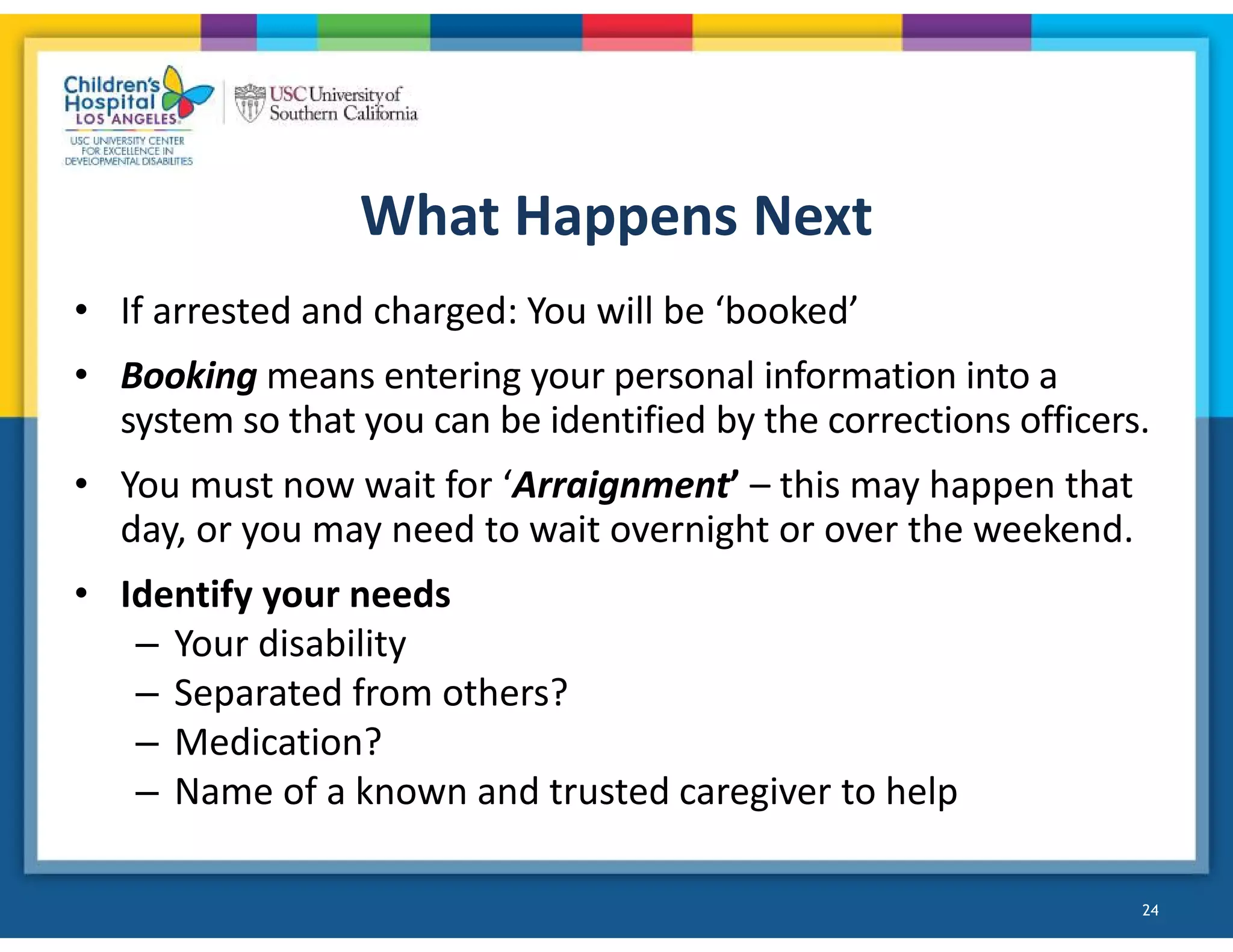 What Happens Next
• If arrested and charged: You will be ‘booked’
• Booking means entering your personal information into a
system so that you can be identified by the corrections officers.
• You must now wait for ‘Arraignment’ – this may happen that
day, or you may need to wait overnight or over the weekend.
• Identify your needs
– Your disability
– Separated from others?
– Medication?
– Name of a known and trusted caregiver to help
24
 